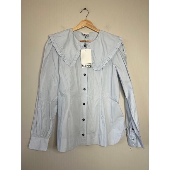 NWT Ganni Poplin Shirt Cotton Oversized Collar Puffed Sleeve Top Heather Size: M - Picture 2 of 8